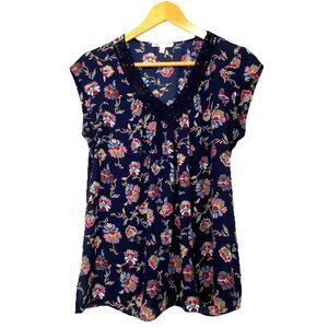 DR2 Daniel Rainn Cap Sleeve V Neck Blouse Womens size Medium Navy Blue Floral